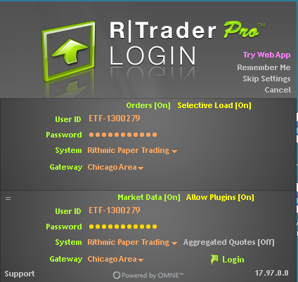 Rithmic R|Trader Pro login screen