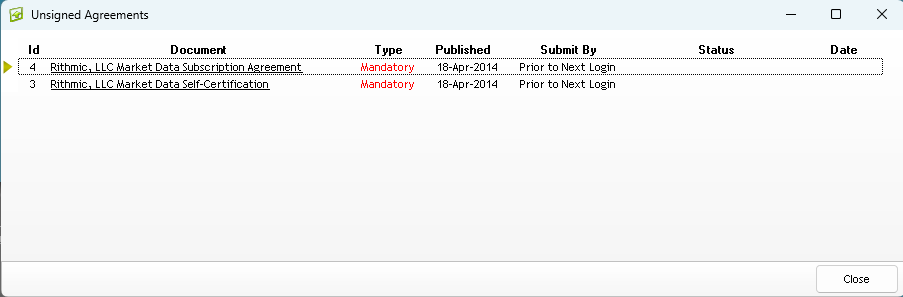 Click Mandatory market data agreements in Rithmic