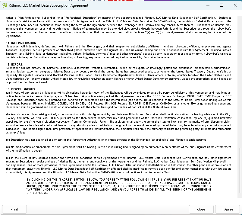 Scroll down and click Agree on Rithmic agreements
